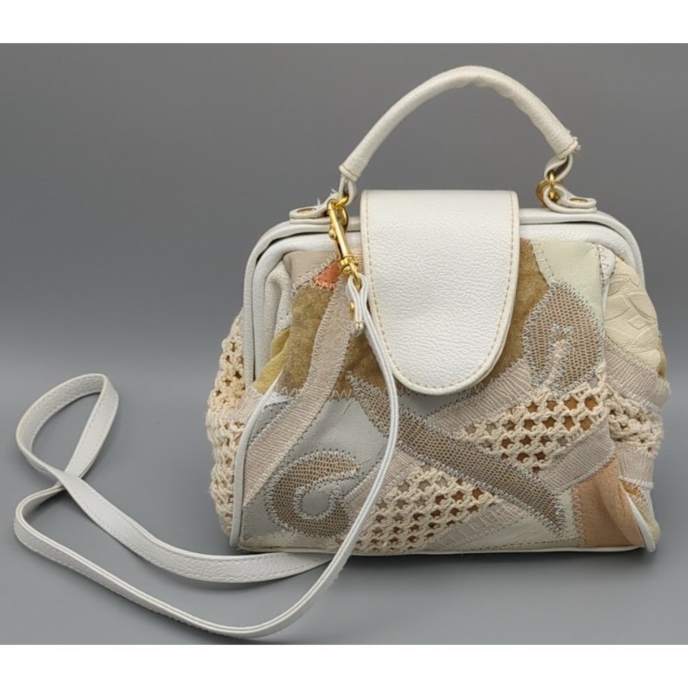 Vtg 80s White Pastel Patchwork Purse Leather Crochet Shoulder Handbag Crossbody